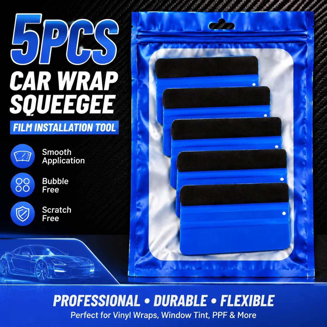 5PCS Car Wrap Squeegee Tool Felt Edge Vinyl Film Scraper Window Tint Installation Tool Bubble Remover PPF Applicator Kit