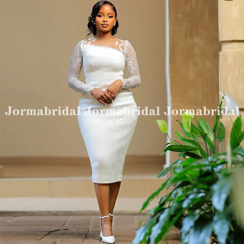 Long Sleeves Lace Wedding Dress Illusion O-neck Mermaid Mid-Calf Bridal Gowns Beaded Belt Bride Party Dress Customized vestidos