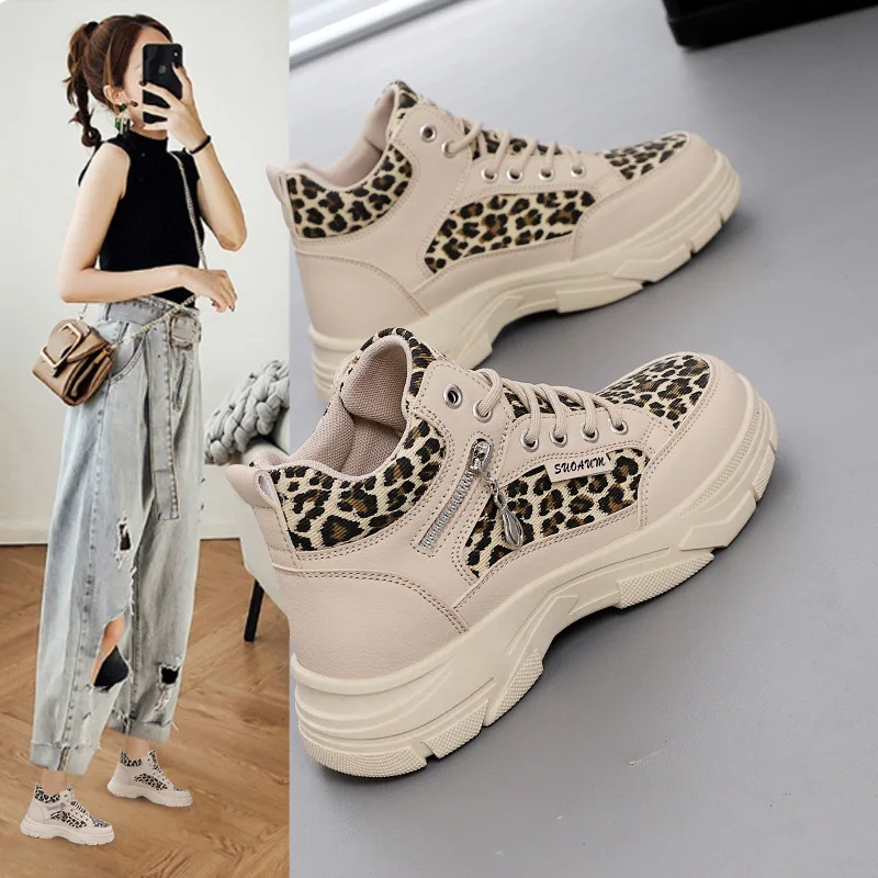 Unisex Lace-up High-top Sports Shoes Women's Fashion Leopard Print Platform Sneakers Outdoor Casual Shoes Metal Zip Riding Boots