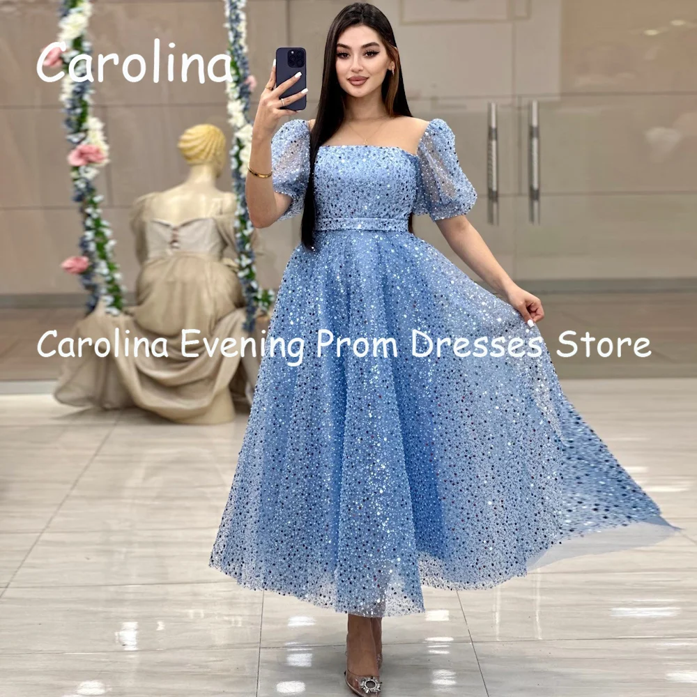 Carolina Tulle A-line Square Neck Sequins Ankle Length Luxury Prom Gown Evening Formal Elegant Pretty Party Dress for Women 2023