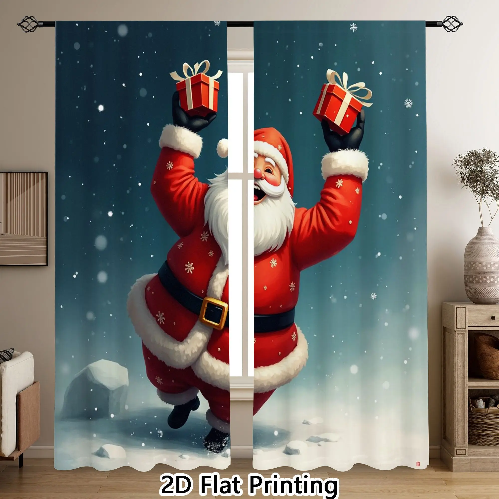 Funny Santa Claus Curtains, Christmas Gift Snow Print Window Drapes, Festive Holiday Decor, Blackout Fabric for Living Room Kids