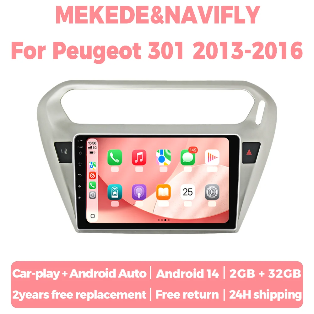 

Беспроводной CarPlay и Android Auto для Peugeot 301 2013-2016, мультимедийный проигрыватель с Android 14, интеллектуальная автомобильная система, головное устройство.