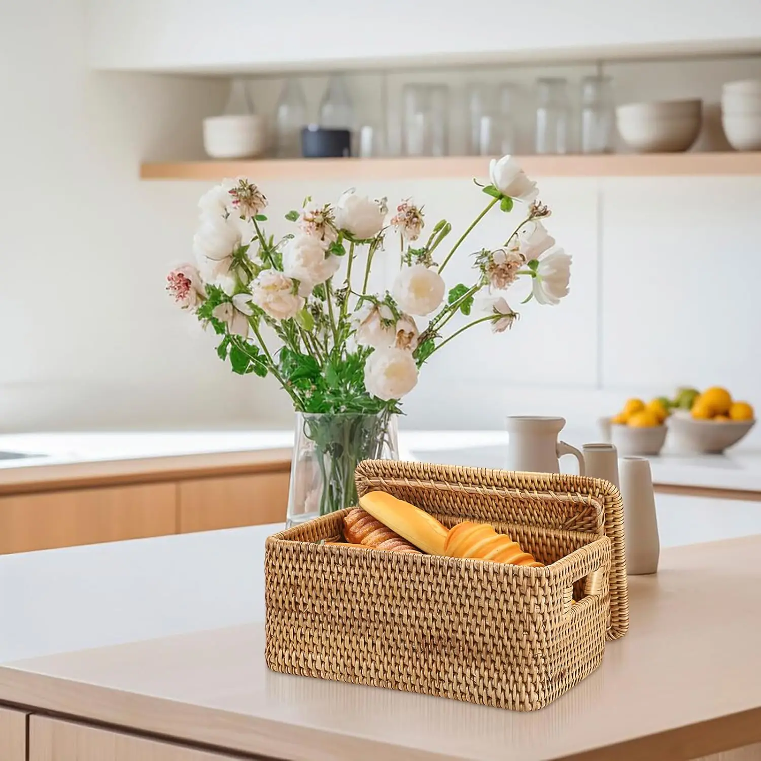 سلة الروطان مع غطاء سلة مستطيلة بغطاء سلة التخزين الخوص الطبيعية المنسوجة يدويا لتنظيم الرف نزهة