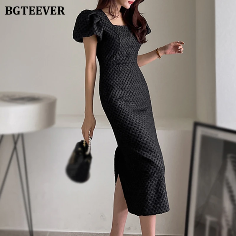 BGTEEVER Vintage Puff Sleeve Slim Waist Women Package Hip Midi Dress Elegant Square Collar Female Bodycon Pencil Dress Summer