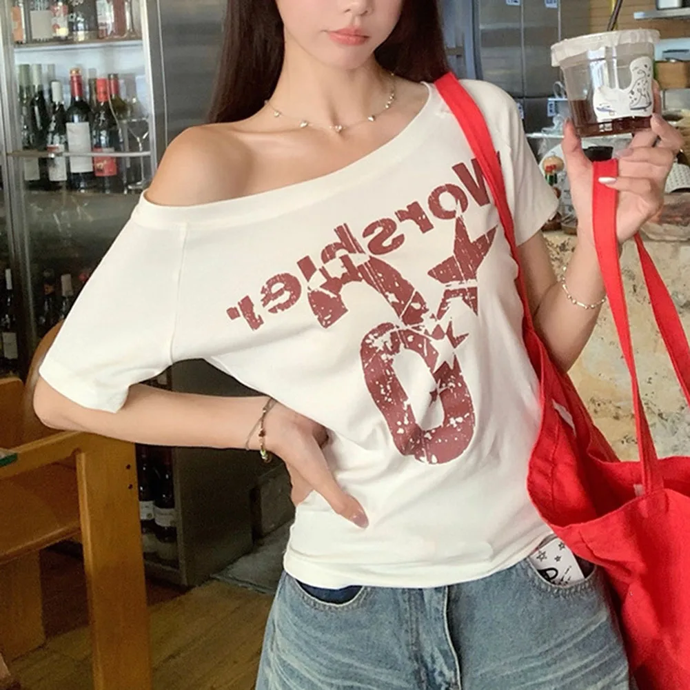 Women Retro Letter Print V Neck Off Shoulder T Shirt Summer Beach Vacation Yoga Casual Top Polyester Regular Length Tee