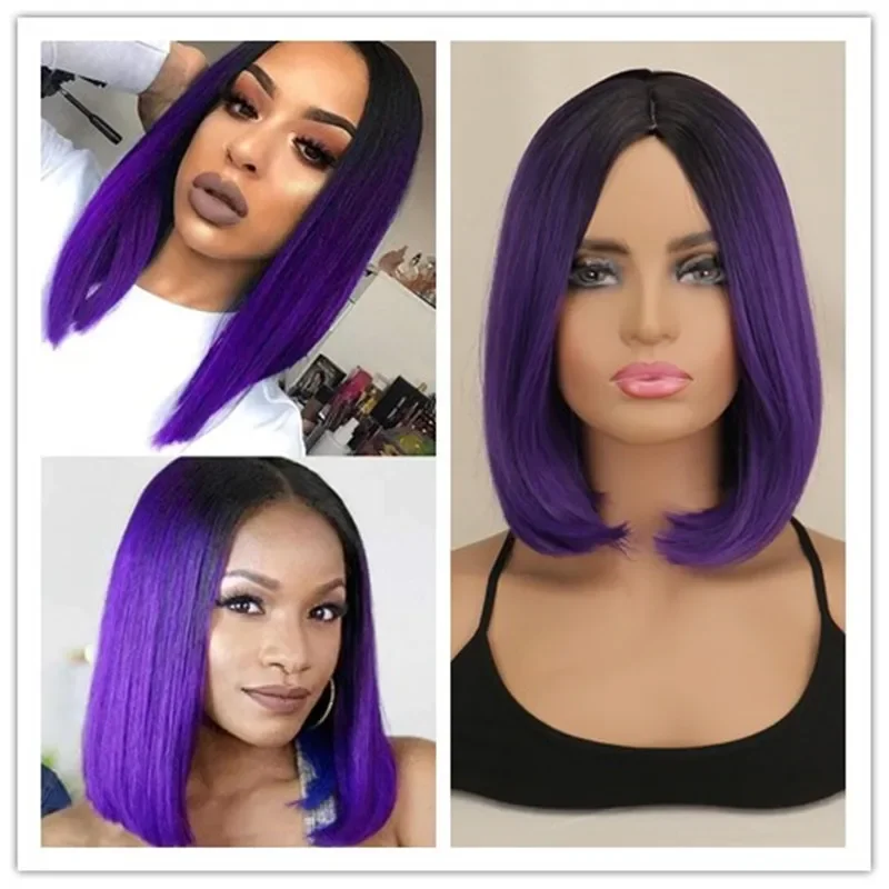 SuQ peluca corta y recta para mujer, pelo corto ombré, negro, morado, sintético africano, Cosplay, fiesta de baile, pelucas Bobo