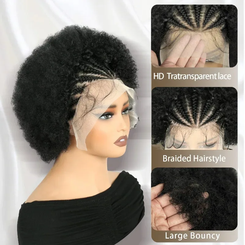 

25COSAfro Kinky Curly 13x4 Lace Braided 250% Density Short Curly Synthetic Wigs Natural Black For Black Women Baby Hair High Qua