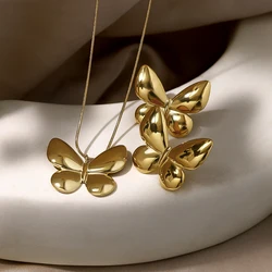 WILD & FREE Glossy 18K Gold Plated Stainless Steel Stud Earrings Butterfly Pendant Necklace Trendy Retro Jewelry Set Waterproof