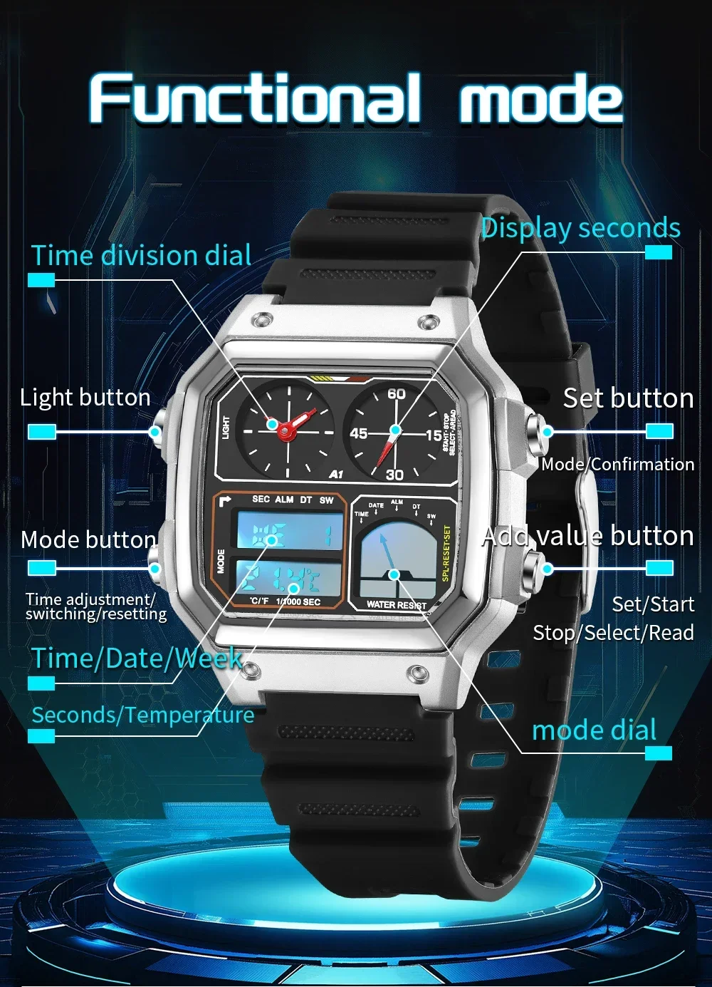 SANDA SD6257 ساعة رجالية شعبية رياضية متعددة الوظائف قياس درجة الحرارة ساعة إلكترونية مقاومة للماء