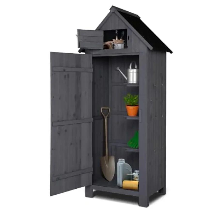 Outdoor Wooden Storage Shed for Garden Tool Organization, Dark Grey Weather-Resistant Timber with Safety Latch and Patio Storag