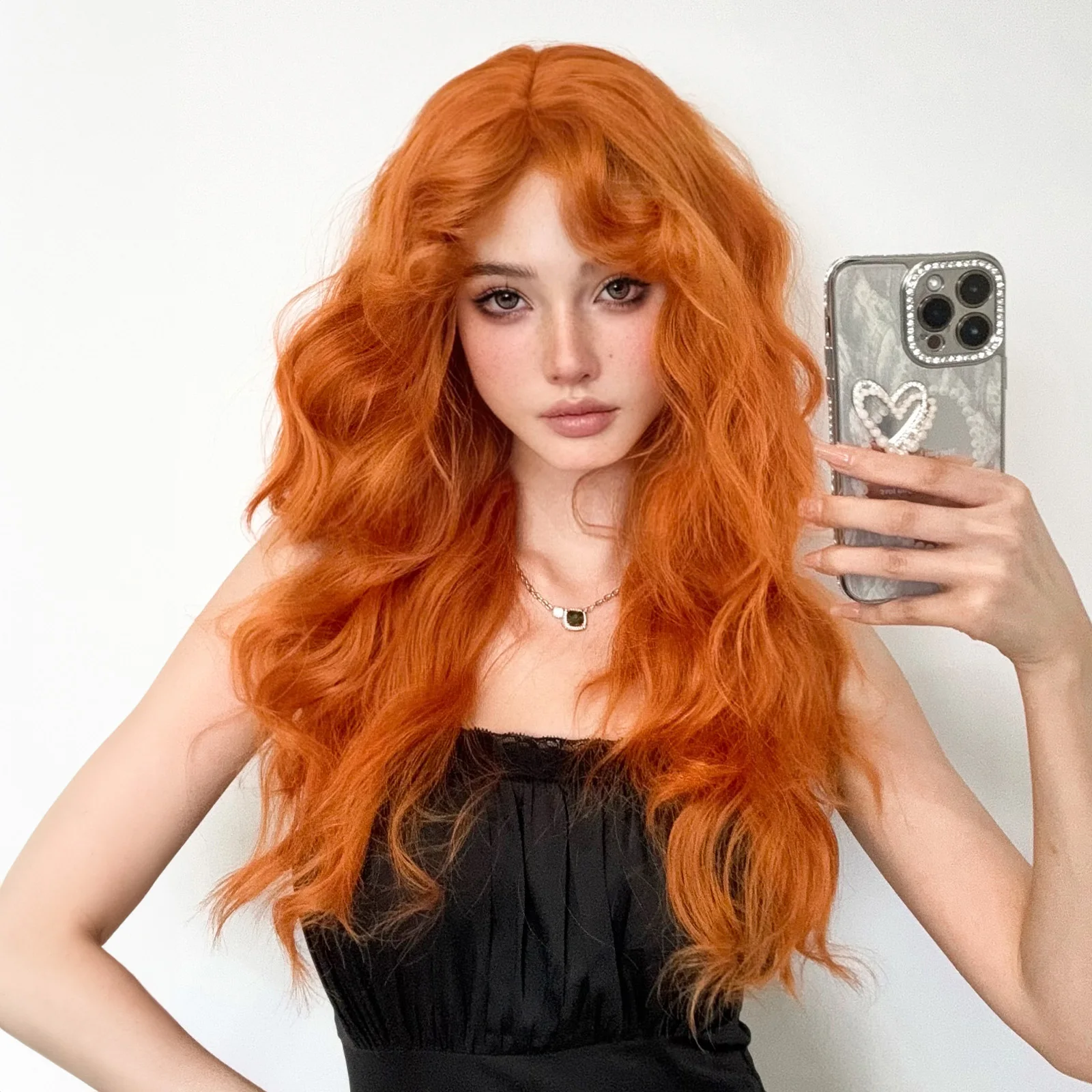 Orange Ginger Synthetic Wig Long Curly Wavy Wigs for Women with Bangs Halloween Cosplay Party Daily Natural Heat Resistant Wig