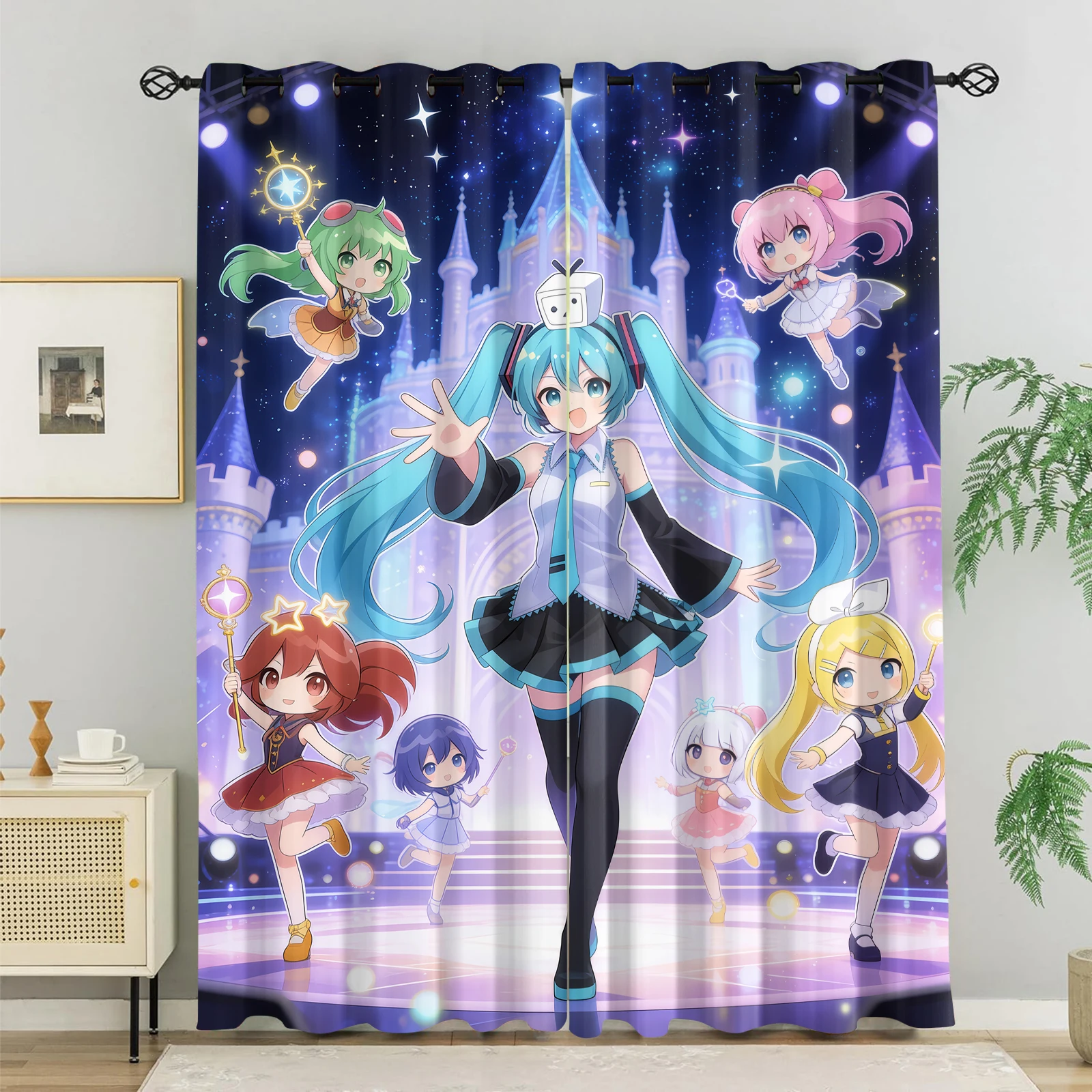 2Pcs Hatsune Miku Blackout Curtains, Top Ring Hole without Rod, Anime-Style Illustration Style Bedroom Gaming Room Dorm Decor