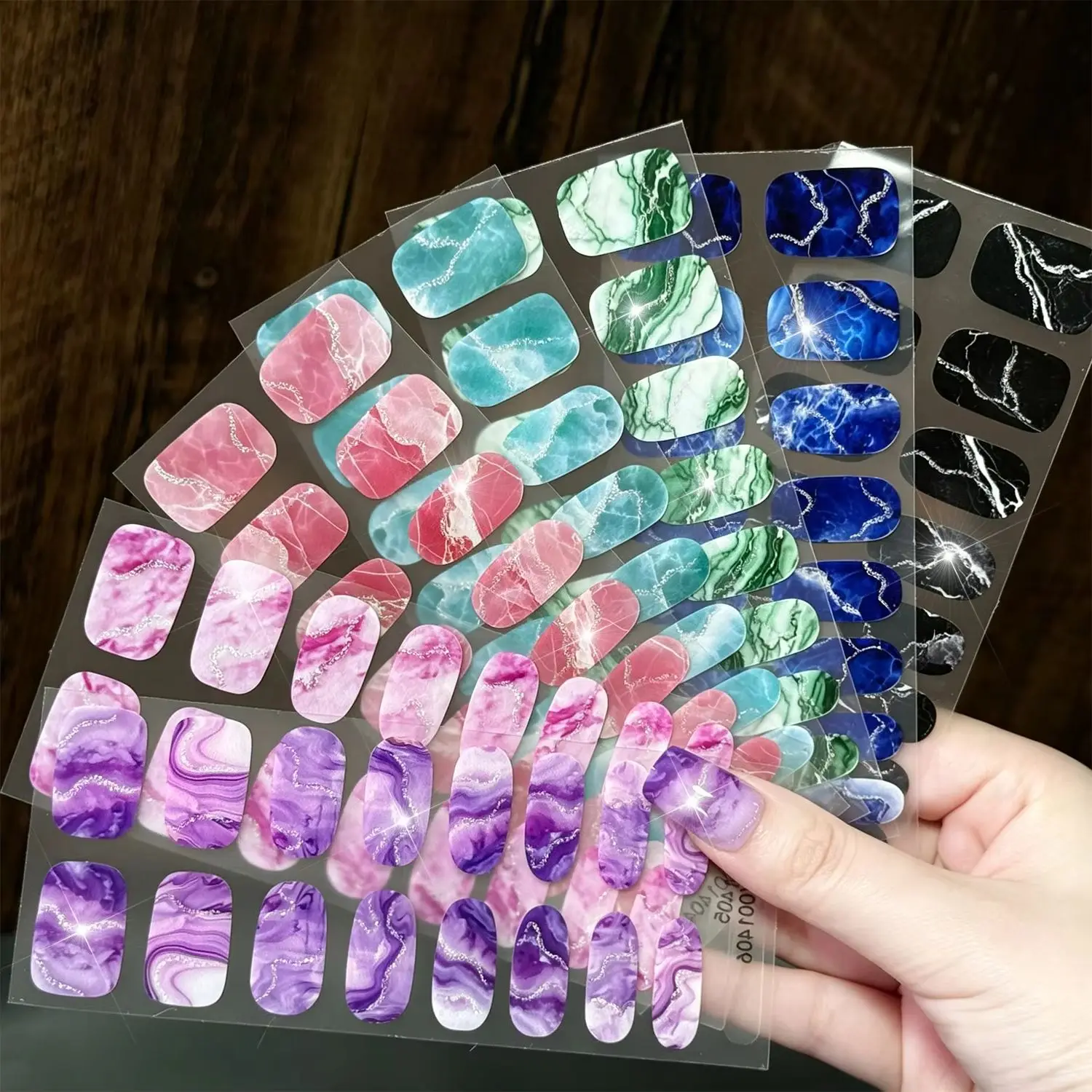 16Tips Y2K Full Cover Nail Wrap Decals Marble Glitter Self‑Adhesive Nail Art Stickers Marble Ink Wash Design Manicure Sliders