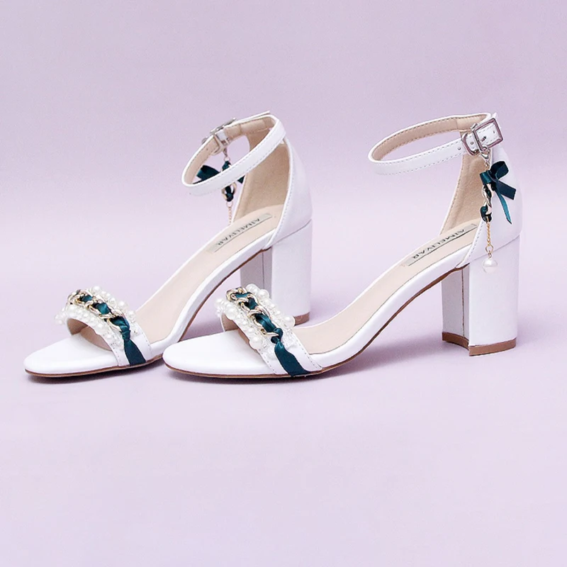 

Original Design 2022 New Summer Green Treap Sandals Pearl Shoes One-button Ankle Strap Women Daily Wear Open Toe High Heels