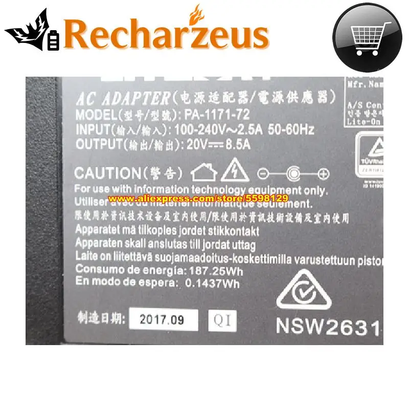 Imagem -03 - Liteon Pa117172 Carregador Genuíno 20v 8.5a Adaptador de ca 170w Carregador para Bélgium Thunder Excels Elgato Thunder Dock F4u095