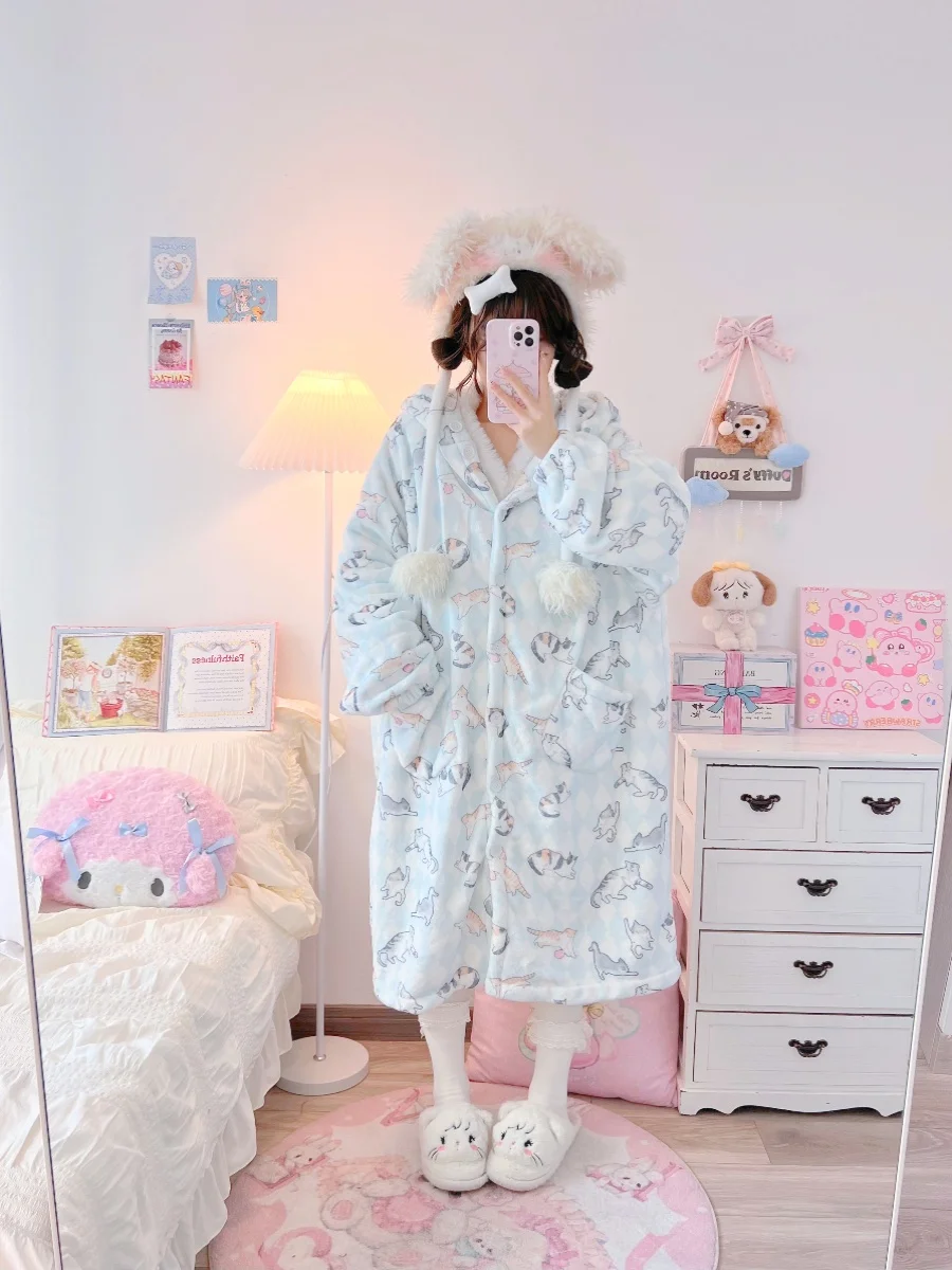 Blue Cat Print Robes Hooded Winter Coral Fleece Cartoon Single-breasted Pockets Cute Nightgown Japanese Style Kawaii Bathrobe