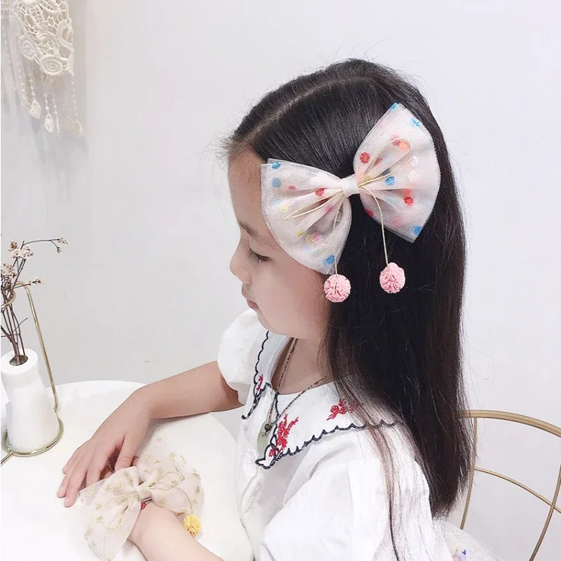 Poinpince à cheveux à pois avec nœud papillon Ikand en maille, accessoire de cheveux de princesse pour enfants