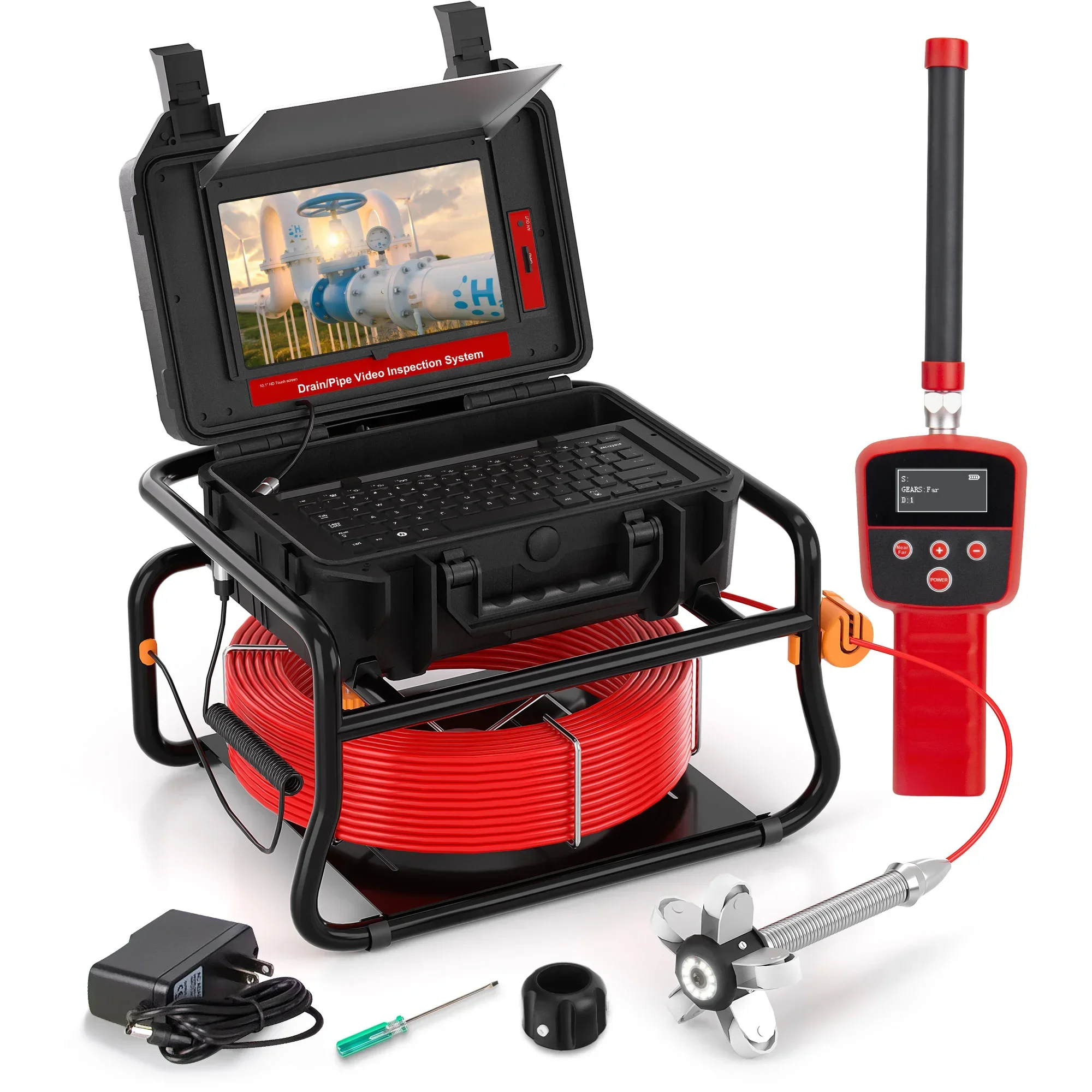 

Self-leveling Function Sewer Camera Inspection 512HZ Transmission 7MM Diameter Red Cable 8GB Card Video Recording