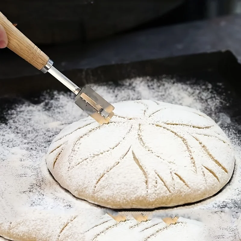 

1Set Stainless Steel Bread Knife with Wood Handle Arc Dough Cutter Flat Divide Knife Set Includes 5 Blades for Baking