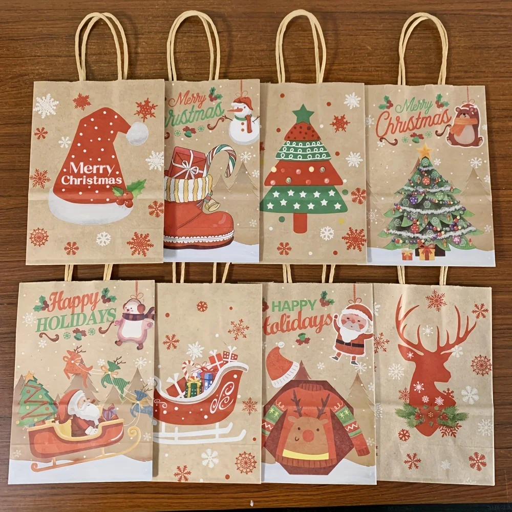8–48 Stück Weihnachtsserie Kraftpapier-Geschenktüten, Verpackung von Party-Süßigkeitsgeschenken, bedruckte Tragetaschen mit Cartoon-Elch-Schneemann-Weihnachtsbaum – Detail 1