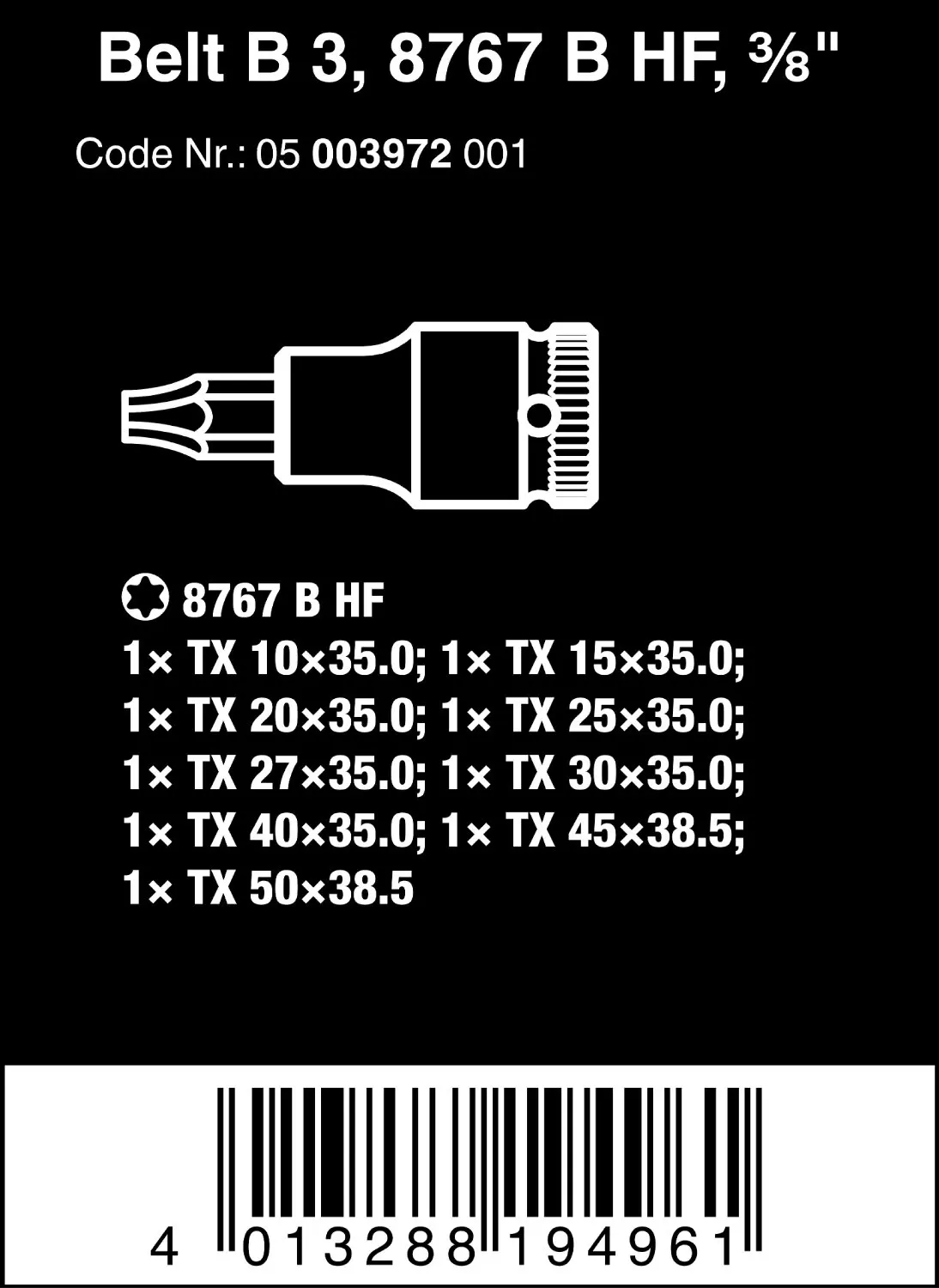 05003972001 Belt B 3 TORX® HF Zyklop bit socket set with holding function, 3/8