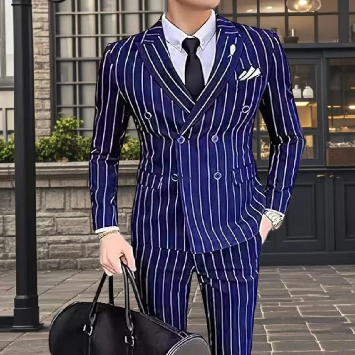 2 Piece Suit Slim Fit Mens Set Double-breasted Pinstripe Suit Set Formal Business Blazer Jacket Pants Wedding
