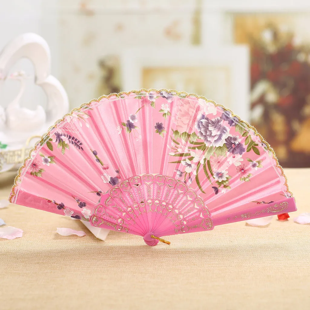 Floral Folding Hand Fan Vintage Retro Silk Handheld Fan Lace Folding Fan Wedding Dancing Church Party Gift, Hand Held Flower Fan