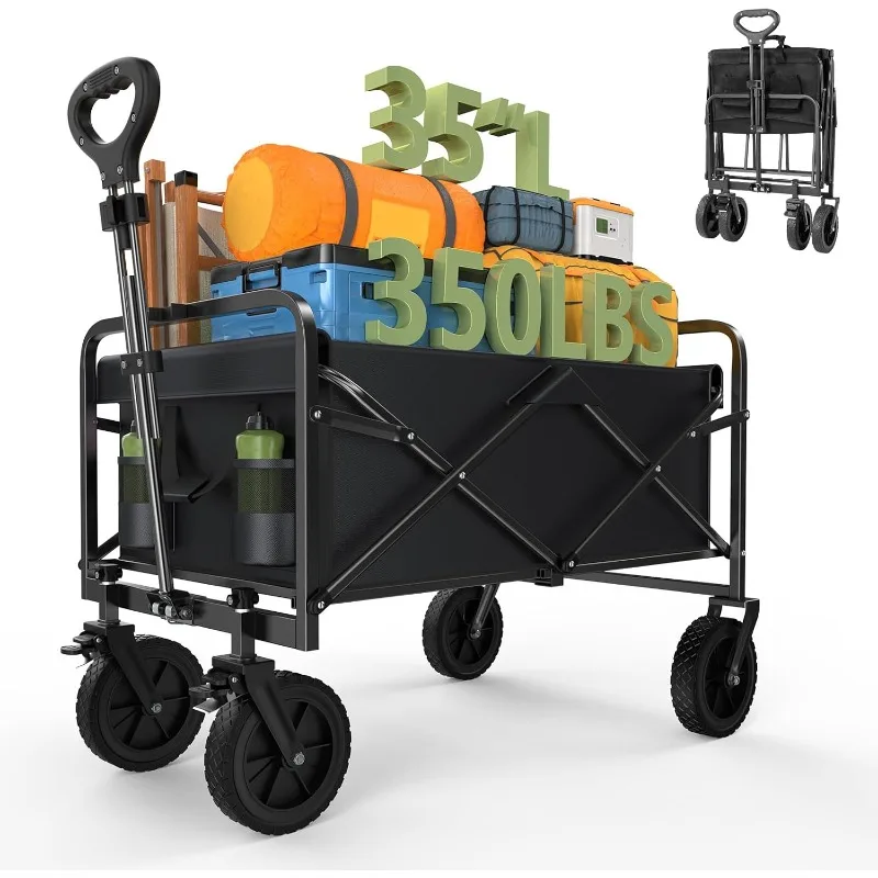

Collapsible Wagon Cart Foldable, 35" L Folding Beach Wagon with All-Terrain Wheels, Heavy Duty Shopping Cart with 350lbs Large