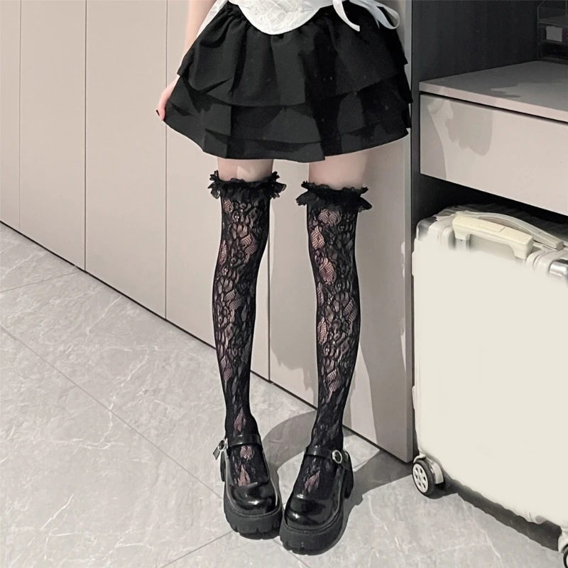 Women Hollowed Out Flower Lace Fishnet Thigh High Stockings Japanese Style JK Girl Sweet Ruffle Trim Frilly Over Knee Long Socks