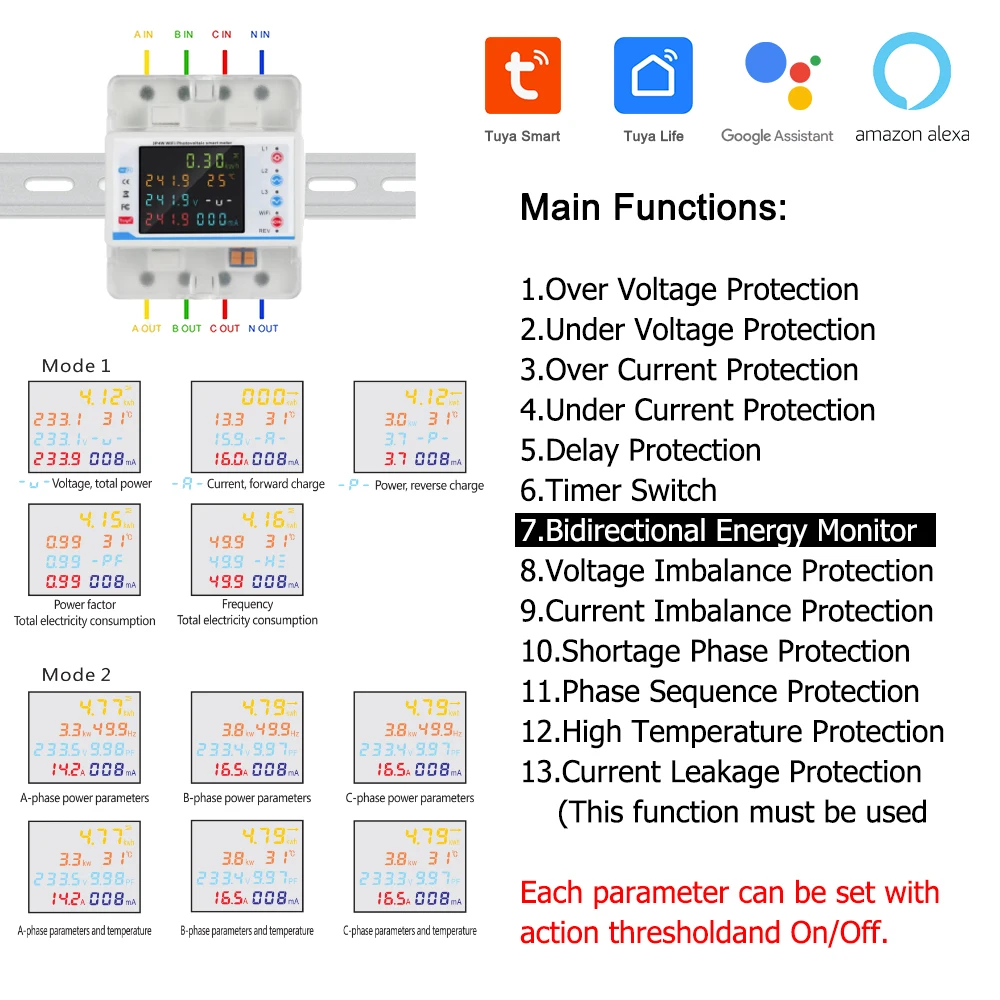 WiFi Smart Circuit Breaker Three Phase Automatic Reclosure Protector3P4W Remote Control Over Under Voltage Protector Power Meter