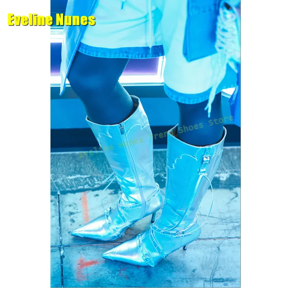 

Silvery Belt Buckle Fringe Patchwork Boots Pointed Toe Stiletto Side Zip Women Fashion Knee High Boots 2025 Spring Street Style