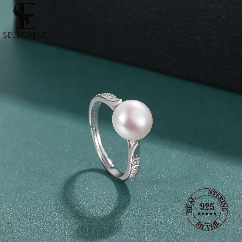 Seulement S925 Sterling Silver Freshwater Pearl Ring with Tapered Baguette CZ Stones Adjustable Size Classic Jewelry for Women
