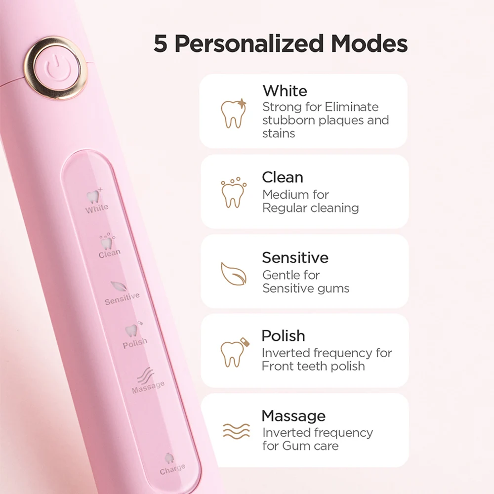 Fairywill FW507 Electric Sonic Toothbrush USB Charger Tooth 8Brush Replacement Waterproof Electronic Toothbrush with Travel Case
