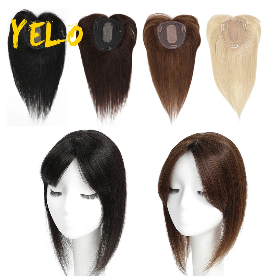 YELO Straight Human Hair Toppers Machine Remy Hair Piece Clip in For Women Topper for Beauty Natural Hand Made Mono Base Hair