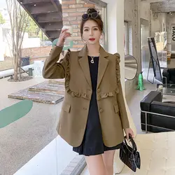 Fashion Lapel Button Pockets Spliced Ruffles Blazer Women Clothing 2024 Autumn Winter New Loose Korean Tops Office Lady Blazers