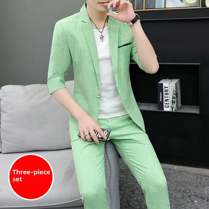 

Slim Fit Men's Tee Piece Suit Jaet Lightweight Casual ort Sve Korean Sle Summer Outdoor Faionable Set