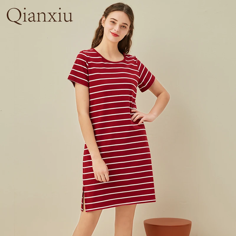 Women\'s Summer Cotton Striped Shorts Knee-Length Size Nightdress Over Size Suit Set Soft And Comfortable Homewear Home Dresss