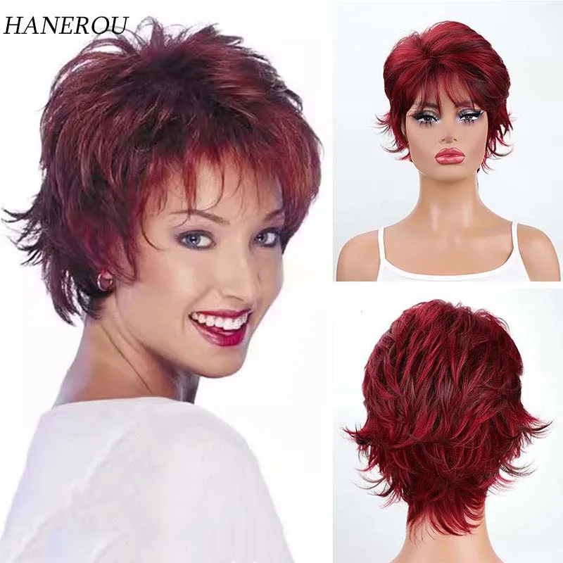 

Female Wine Red Synthetic Hair Short Pixie Cut Layered Wigs with Bangs Fluffy Wig for Women Daily Halloween Gift