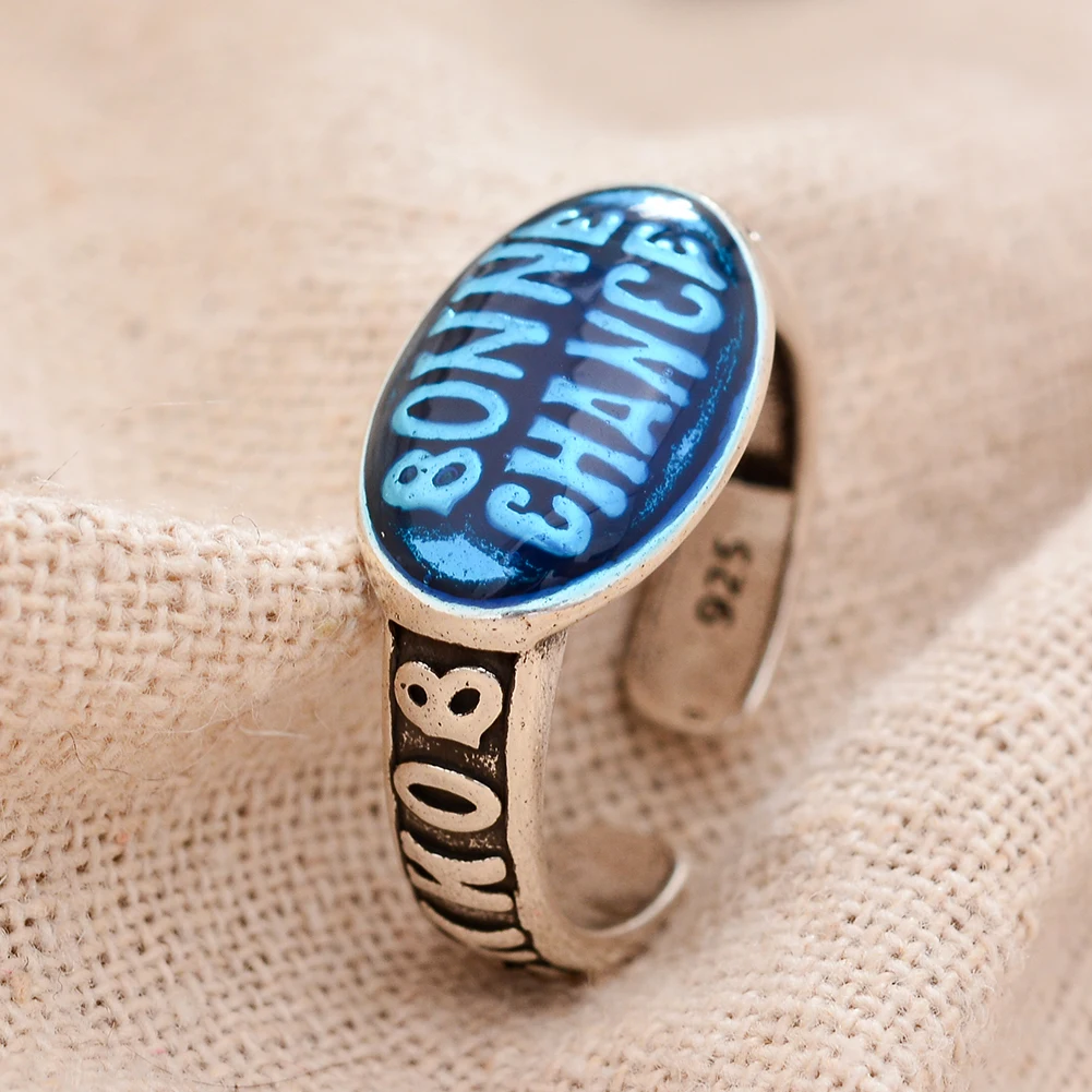 Gorąca sprzedaż Eleganckie kolorowe krople Glaze Bonne Chance Letter Thai Silver Biżuteria damska Pierścionek imprezowy dla kobiet Prezenty noworoczne