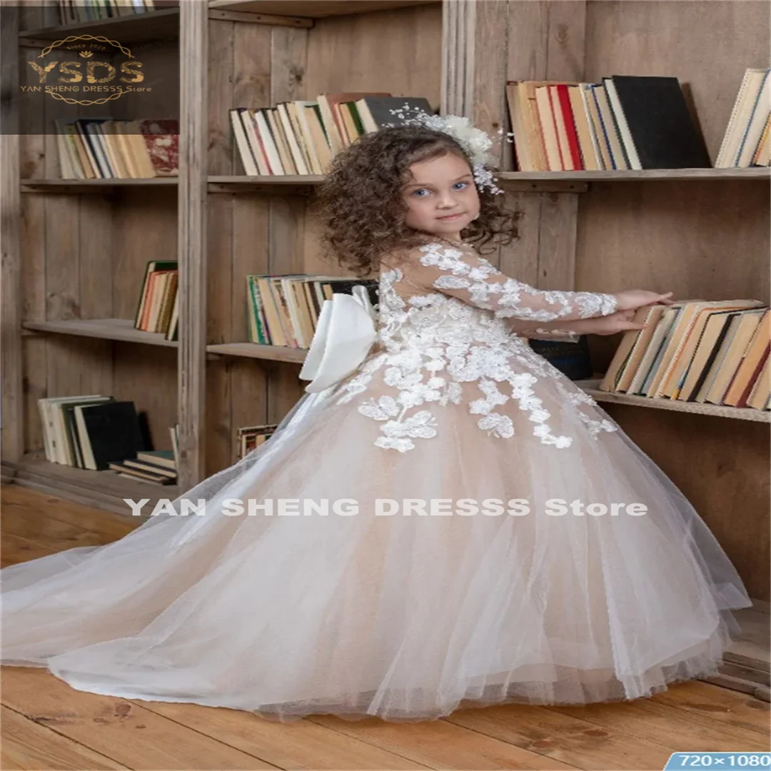 

Vintage Flower Girl Dresses White Lace Floral Tulle for Kids Princess Junior bridesmaid Toddler Wedding Evening Party