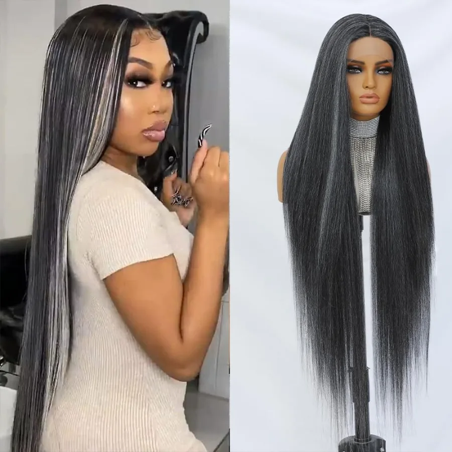 باروكة دانتيل مستقيمة 40 بوصة مع لون مختلط أسود ورمادي للنساء والفتيات ألياف مقاومة للحرارة طويلة للغاية بدون صمغ P