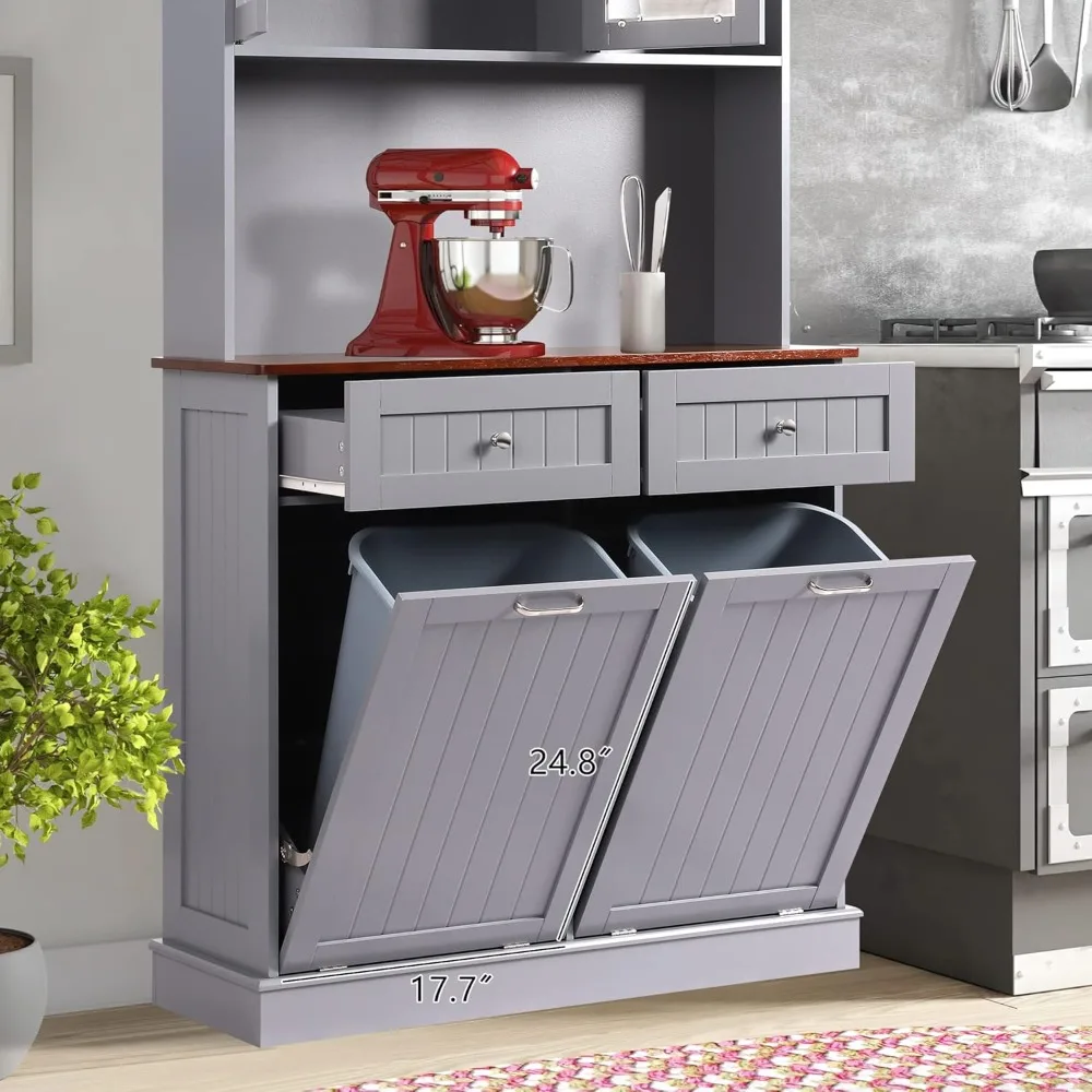 Kitchen Pantry Storage Cabinet, Microwave Cabinet with Tilt Out Trash Cabinet, Freestanding Kitchen Hutch