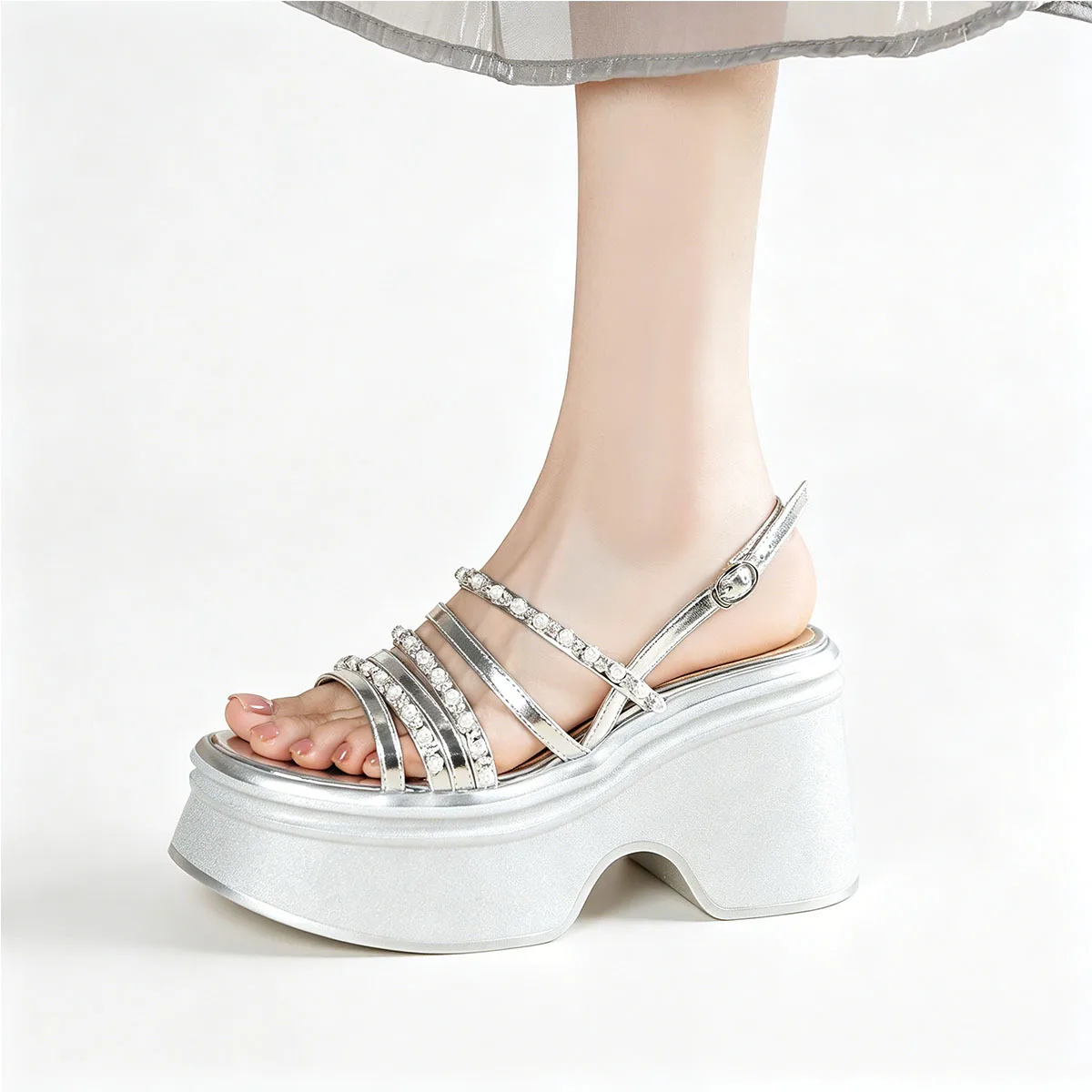 Summer vacation style silver cowhide wedge sandals round head platform rhinestone one-button sandals muffin bottom beach shoes