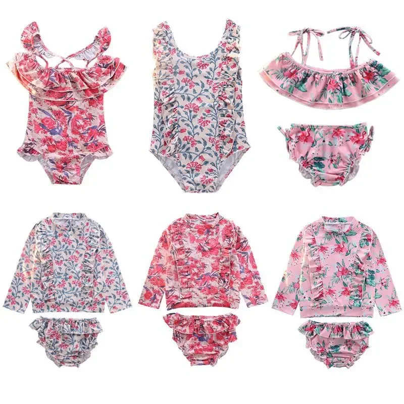 

Summer Baby Girl Swimsuits One Piece Bikini Kids Holiday Sunscreen Floral Swimwear Sets Toddler Girl Print Swim Shorts Cap 1-9Y