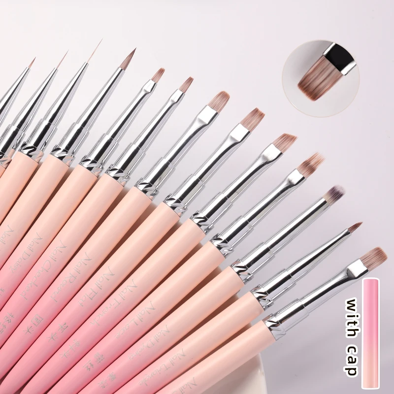 13Style Pink Gradient Handle Nail Art Brushes for Manicure Lines Painting UV Gel Extension Builder Pen Drawing Tool