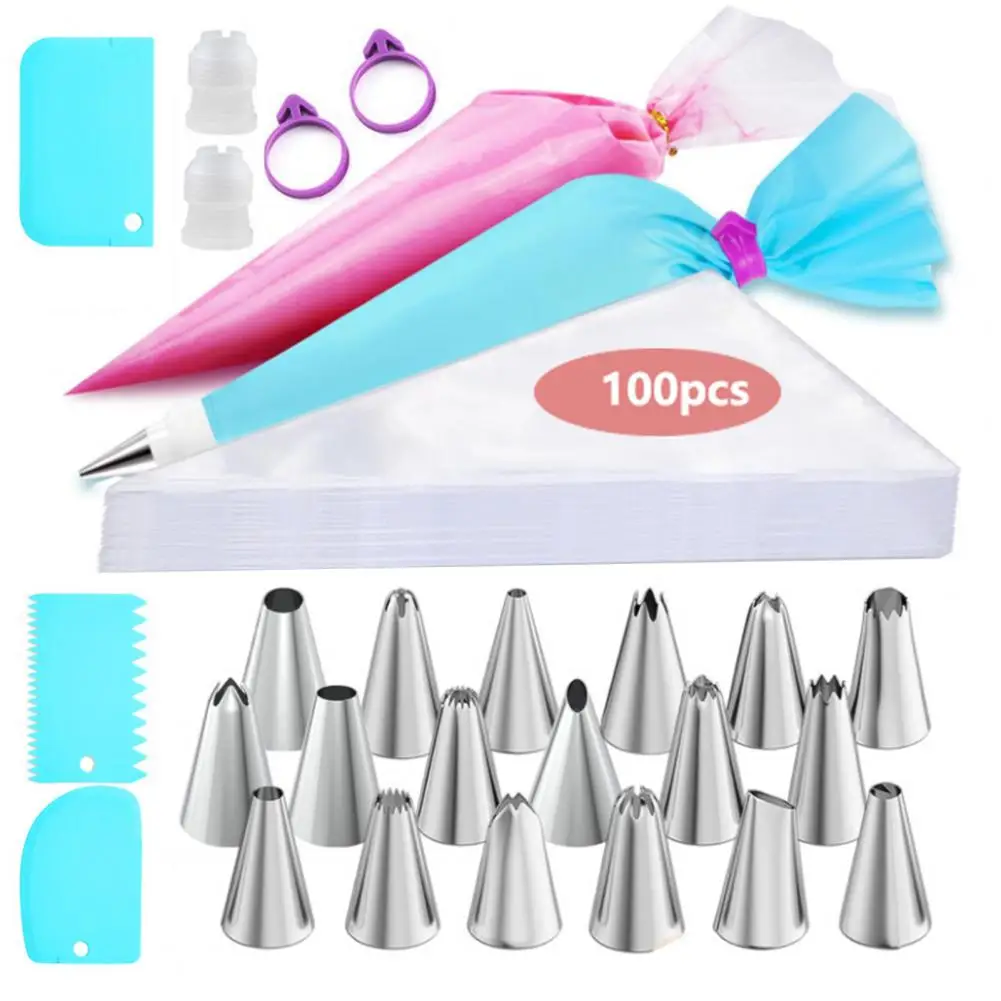 Frosting Piping Bag Cake Decorating Kit with 100pcs Disposable Piping Bags 18 Tips 3 Scrapers 2 Couplers Icing Bag Ties