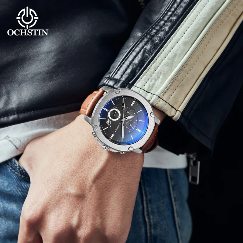 OCHSTIN Men Chronograph Watch Analog Quartz Auto Date Luminous Big Case Military Sport Wristwatch Leather Strap Army Male Clock