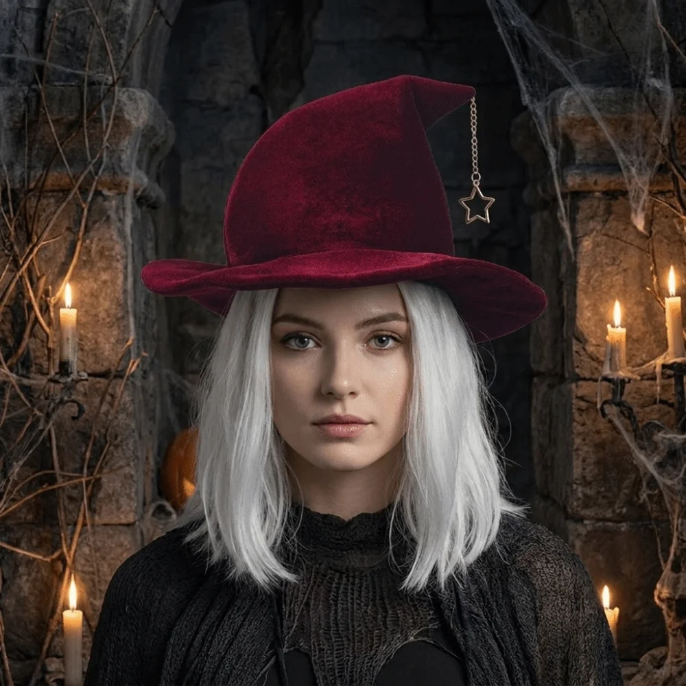 Portable Solid Color Witch Hat Korean Style Foldable Wool Bucket Hat Wizard Cap Star Pendant Halloween Hat Women