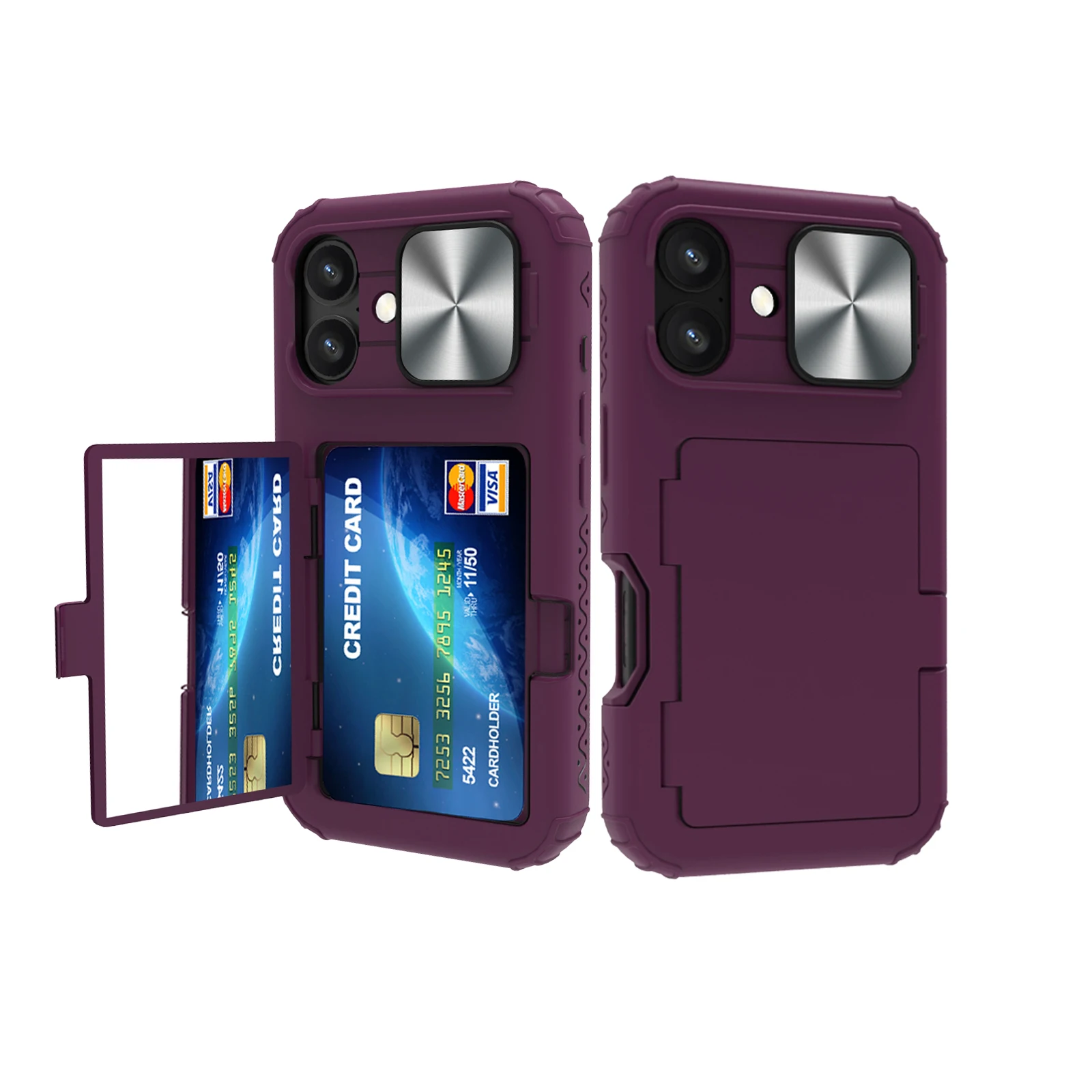 

Hybrid Heavy Duty Hidden Mirror Card Holder Wallet Case For iPhone 16 Plus 16 Pro Max, Sliding Camera Protection Phone Cover