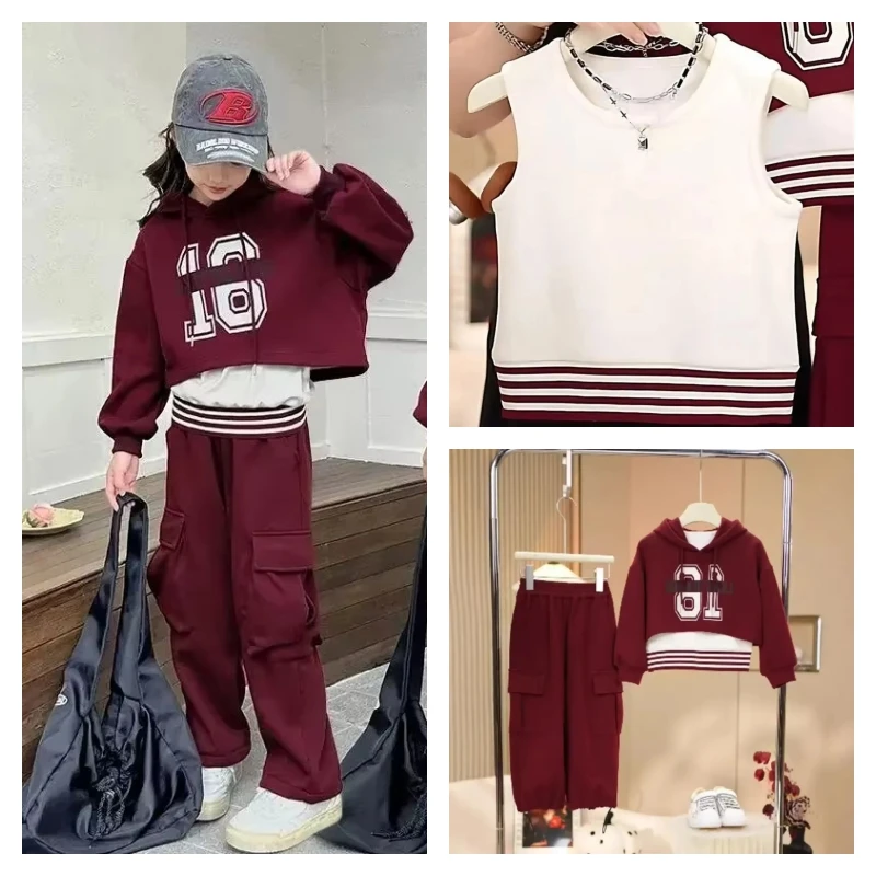 

Лидер продаж, модный спортивный костюм для девочек, брюки, студенческая весенне-осенняя повседневная футболка, длинные штаны, комплект из трех предметов, детская одежда